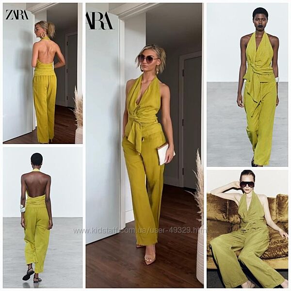 Літній брючний костюм zara zw collection із сумішевого льону. Колір - топ