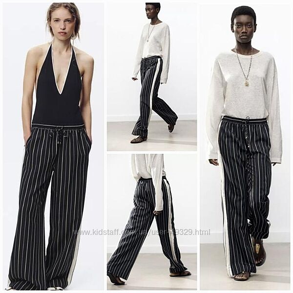 Трендові широкі смугасті брюки Zara з поточної колекції. Натуральний склад.