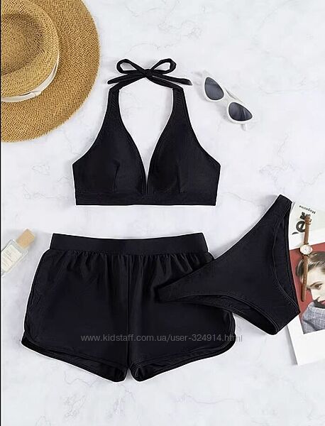 Купальник-тройка комплект с шортами однотонный