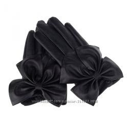 Женские перчатки с бантиком 17 см черные из кожи PU