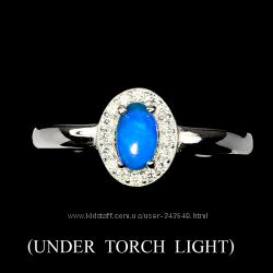 Кольцо серебряное 925 натуральный огненный голубой опал, цирконий.