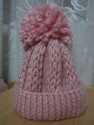 Зимняя вязанная шапка Hand Made цвета пудры