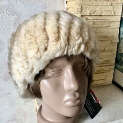 Бежевая меховая вязаная шапка -берет большого размера 58-62 см