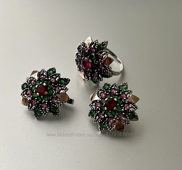Сережки каблучка 925 срібло 375 золото хризантеми