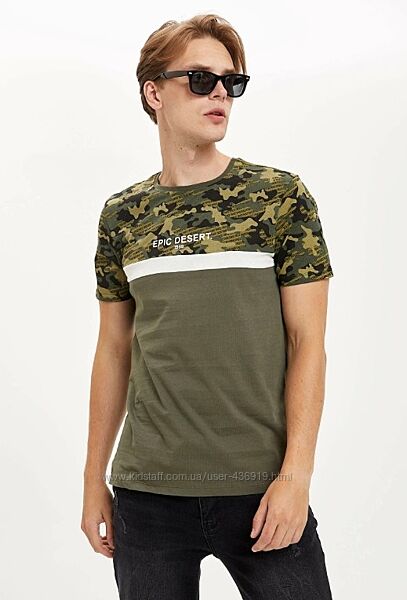 Мужская футболка Defacto / Дефакто цвета хаки с камуфляжным принтом