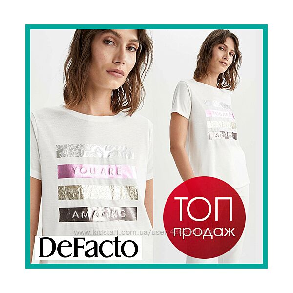Белая женская футболка Defacto  Дефакто с розово-золотисто-серебристым ажур