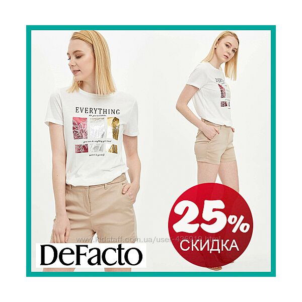 Белая женская футболка Defacto / Дефакто с серебристым и золотистым принтом