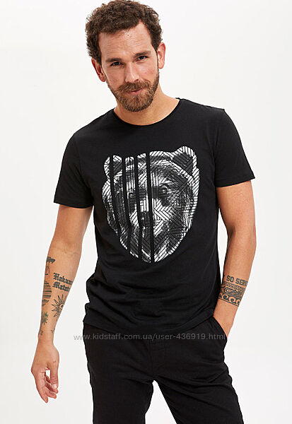 Черная мужская футболка Defacto / Дефакто с медведем