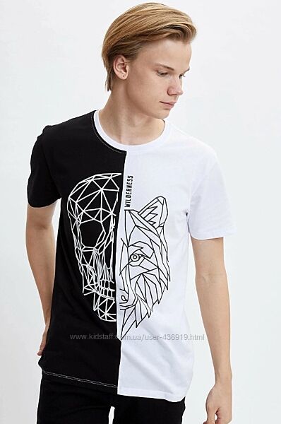 Черно-белая мужская футболка Defacto / Дефакто с принтом череп-волк