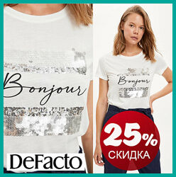 Белая женская футболка Defacto / Дефакто с принтом Bonjour и паетками