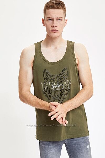 Мужская майка цвета хаки Defacto/Дефакто с волком Therapy reaction
