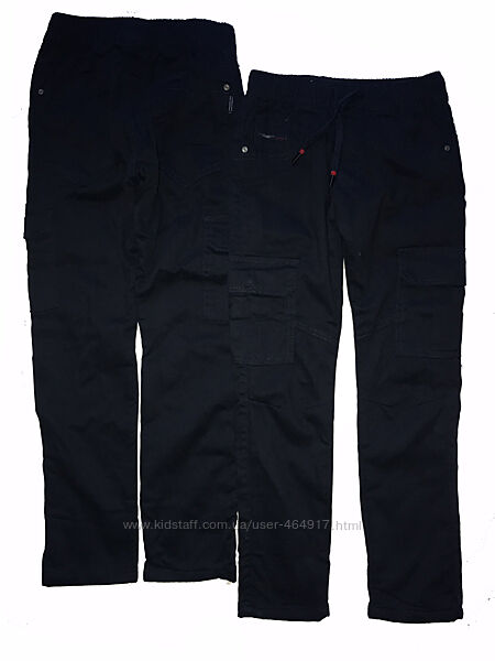 Утеплені сині котонові штани з накладними кишенями на флісі р. 152-158