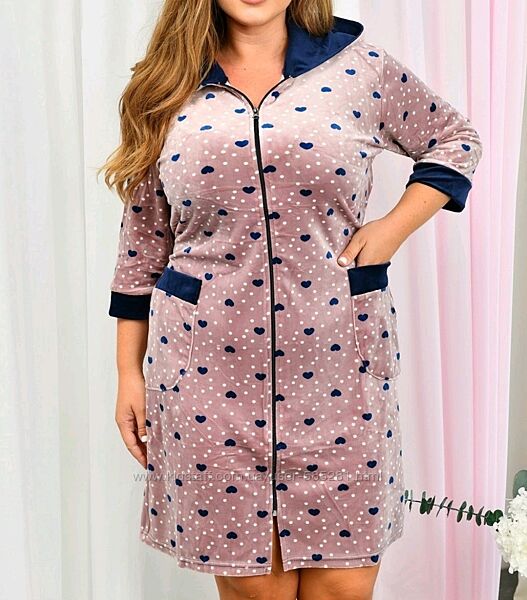 Женский велюровый халат на молнии сердечки 50-56 р