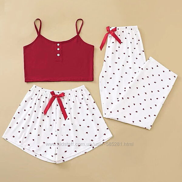 Женская пижама тройка с шортами и штанами сердечки хл разные