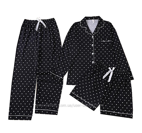 Женская пижама тройка с длинным рукавом сердечки S-XL