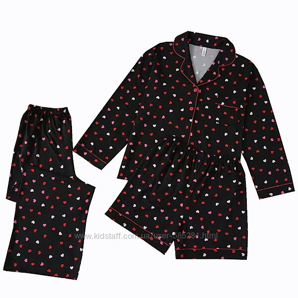 Женская пижама тройка с длинным рукавом сердечки М-2XL