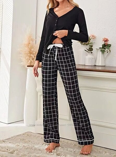 Женская пижама кофта с длинным рукавом с штанами в клетку S-2XL