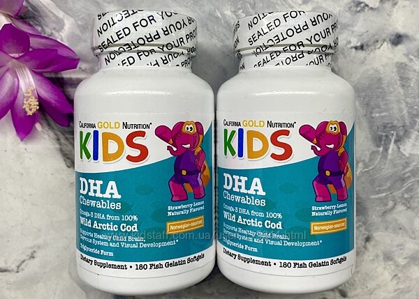 California Gold Nutrition, Kids, дитячі жувальні таблетки ДГК, омега 180шт