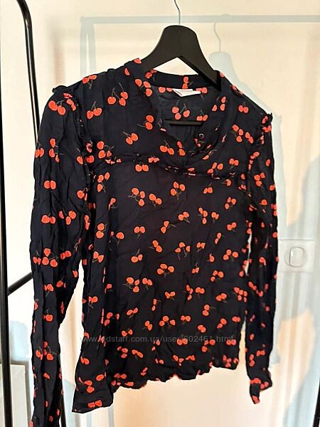 Блуза синя з довгим рукавом vila з принтом вишеньки s