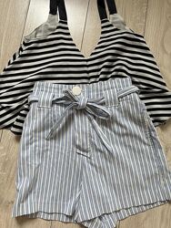 Шорты тканевые высокая посадка летние в полоску zara голубые белые xs-s