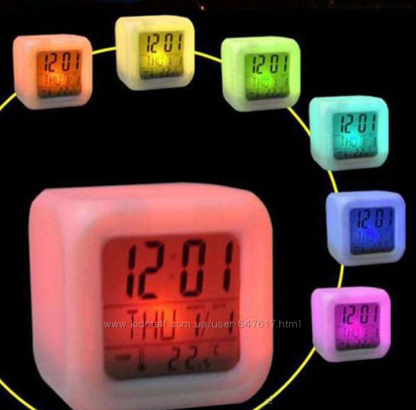 Часы будильник с термометром, ночник, хамелеон