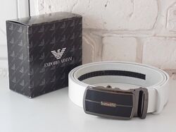 Кожаный мужской ремень белый Armani в коробке / ремінь білий чоловічий