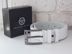 Мужской кожаный белый ремень Philipp Plein / білий ремінь шкіряний