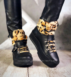 Ботинки Leo, натуральная кожа, зима, черные с леопардовым принтом