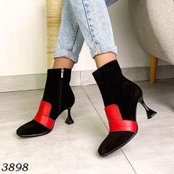 Ботинки, натуральная замша и кожа, черные с красным, на модном каблучке