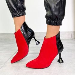 Ботинки, натуральная замша/кожа под питона, красные, на модном каблучке