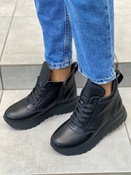 Ботинки - кроссовки, натуральная кожа флотар, черные, деми/зима