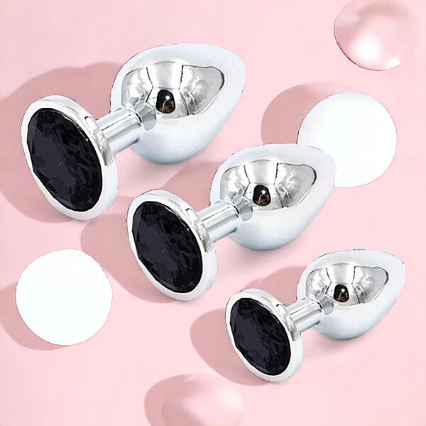 Анальная пробка набор 3 пробки для ануса с черным камнем разного размера для начинающих