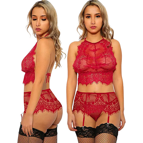 Эротический комплект - бюстгальтер-топ, трусы и пояс для чулок без чулок красного цвета One Size XS, S, M