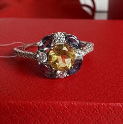 Серебряное кольцо с цитрином, иолитами водный сапфир