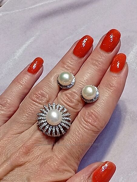 Для любимых Комплект серьги кольцо белый жемчуг натуральный 925