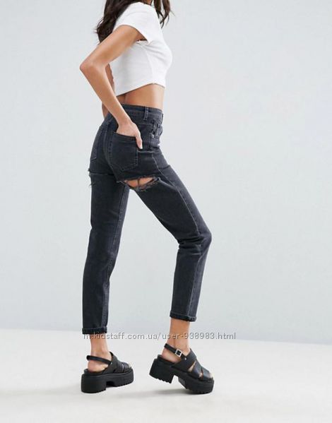 Выбеленные черные джинсы с рваными ягодицами asos mom jeans, w26 l32 xs-s