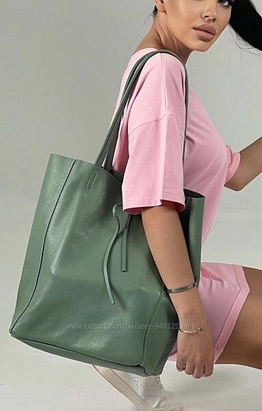 Шкіряна сумка жіноча , шопер мяка Італія Віра пелле мята мятний колір 