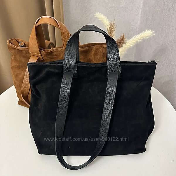 замшева чорна сумка Італійська велика шопер