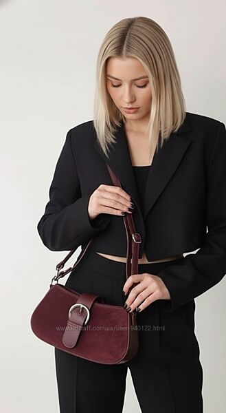 Сумка женская замшевая бордовая багет Итальянская натуральный замш