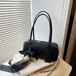 Сумка женская на плече такса багет с атласним бантиком, чорна