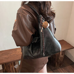 Сумка на плече м&acuteяка графіт коричневий сідло, хобо шоколад