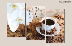 Модульная картина часы на кухню, кофе, орхидея, зерна, фото