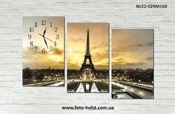 Модульная картина Париж, Эйфелева башня, Франция, триптих на холсте, часы