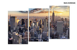 Модульная картина город Нью - Йорк, панорама, триптих на холсте с часами