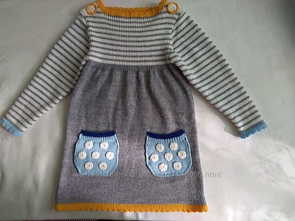Вязаное детское платьице с веселыми карманчиками для девочки 3-4 лет