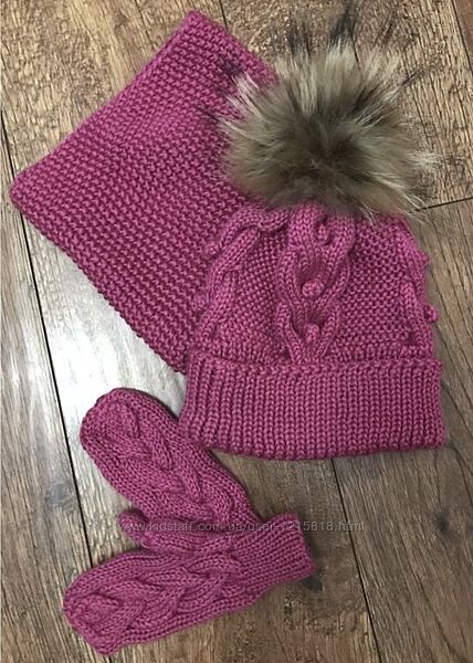 Детская шапка теплая хомут рукавицы комплект