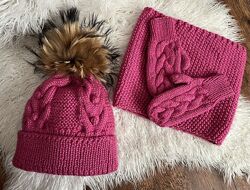 Детская шапка теплая хомут рукавицы комплект
