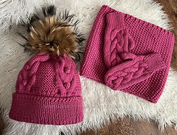 Детская шапка теплая хомут рукавицы комплект