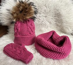 Детская шапка теплая хомут рукавицы комплект