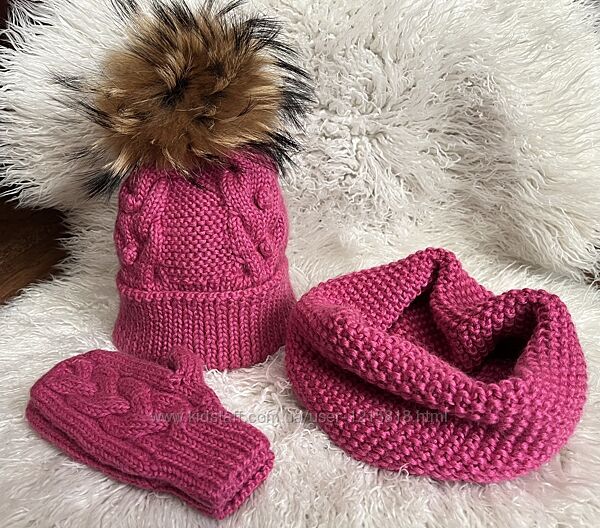 Детская шапка теплая хомут рукавицы комплект